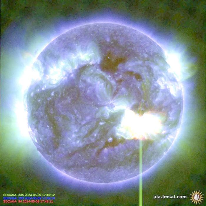This image provided by NASA shows a solar flare, as seen in the bright flash in the lower right, captured by NASA’s Solar Dynamics Observatory on May 9, 2024. A severe geomagnetic storm watch was issued for Earth starting Friday and lasting all weekend—the first in nearly 20 years. (NASA/SDO via AP)