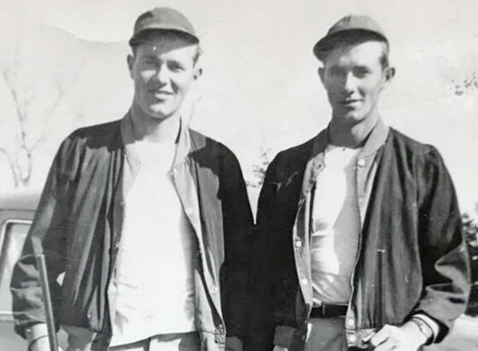 Identical twins Allen, left, and Alvin, had their own language as toddlers and always dressed alike. Allen died in a farm accident in his early 20s. Alvin sensed that something was wrong hours before he learned of the death. (Photo courtesy of Al Edwards)