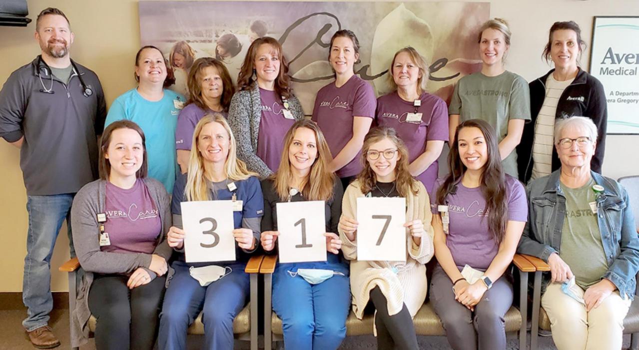 Twenty-two employees have a combined 317 years experience at Avera Medical Group Gregory. They are pictured, back row, l to r: Brian Collins, Beth Halsne, Connie Rajewich, Joy Serr, Amanda Determan, Penny Vaughn, Nicole Braun, Tammy Graesser. Front row, l to r: Amber Horn, Nyree Schweigert, Jenny Braun, Summer Swope, Angel Baldwin, Jan Carter. Not pictured: Linda Moos, Dr. Richard Kafka, Sue Hogue, Dr. Lisa Even, Tisha Hoffman, Dr. Melissa Bartling, Megan Heyden, Rachele Lyons.