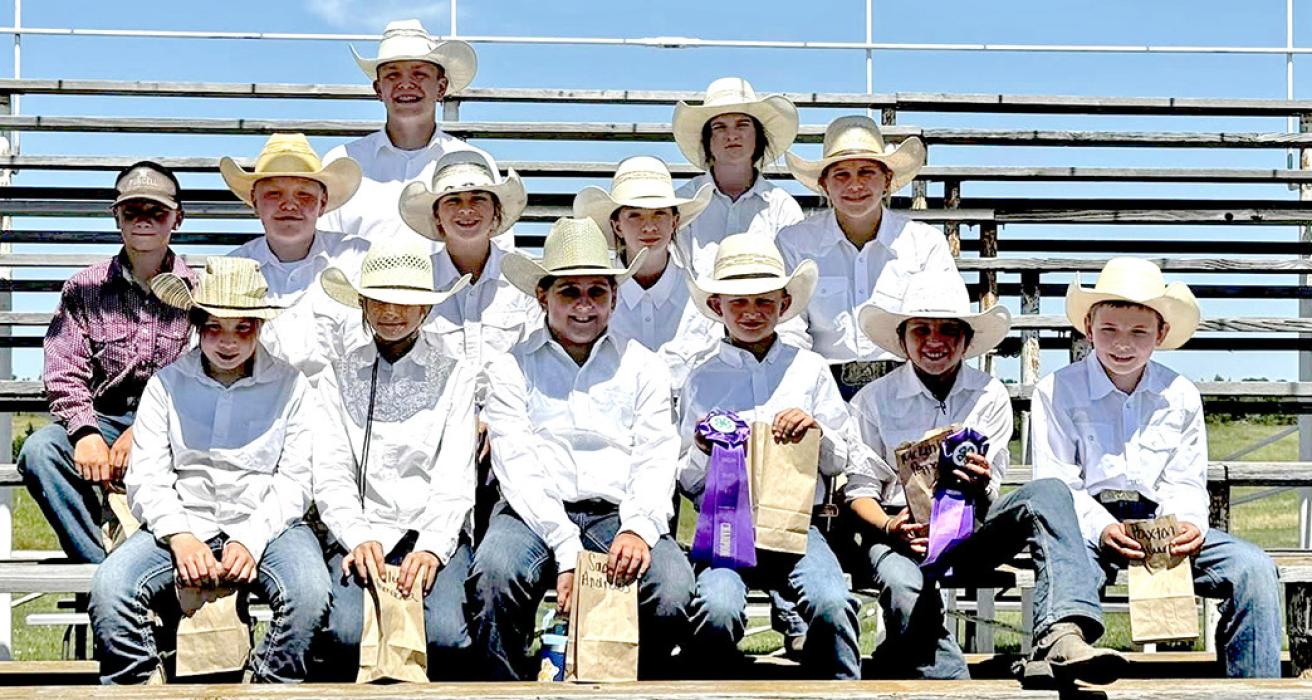 Participants in the Gregory County 4-H Horse Show on June 26 are back row, l to r: Dale Smikle and Shyanne Williams; middle row, l to r: Brysen Bailey, Tucker Smikle, Brooklyn Bailey, and Elly Zeisler; front row, l to r: Paiden Shoemaker, Lily Vomacka, Sadie Andrews, McKinley Peppel, and Paxton Coburn
