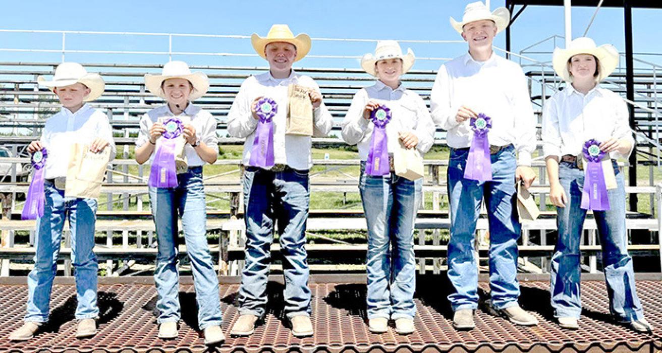 Winners of the all-around awards are, l to r, Beginner Boy, Tristan Zeisler; Beginner Girl, Mckinley Peppel; Junior Boy, Tucker Smikle; Junior Girl, Brooklyn Bailey; Senior Boy, Dale Smikle; and Senior Girl, Morgan Peck.