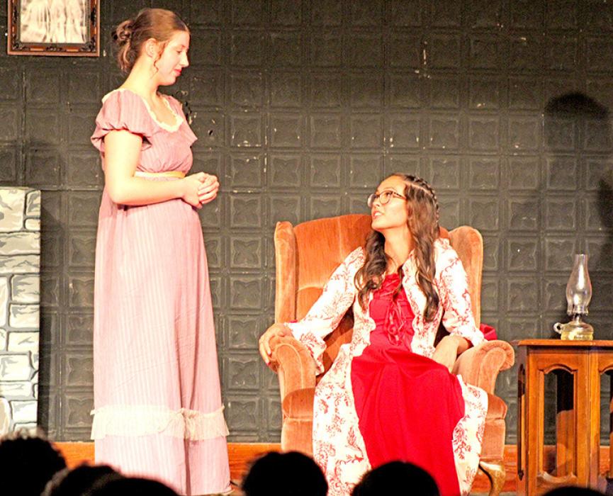 Lucy Steele (Ella Sperl) visits with Fanny Dashwood (Aubree Miller). (Photo by Hayden Odegard) 
