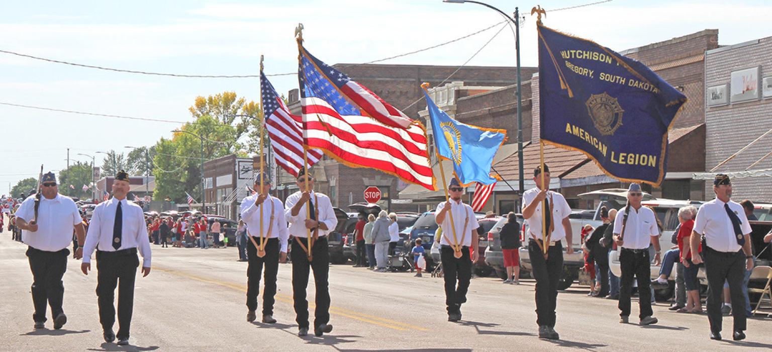 The Gregory American Legion was well represented by the color guard in the homecoming parade. They are shown l to r: Wyatt Reis, Pastor John Granchie, Kyle Wilhelmsen, Dick Shaffer, Steven Peterson, Alan Dobbs, Bob Peterson, and Greg Smith.