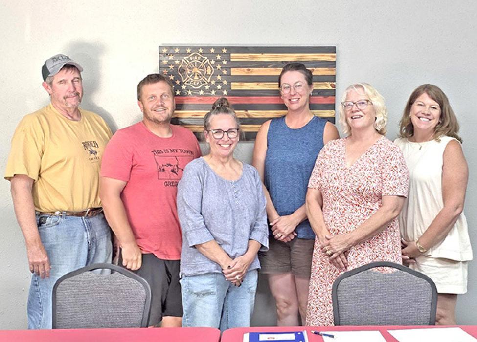 Members of the 2026-27 Gregory City Council are, l to r: Stacy Boes, President Alex Hamilton, Kristi Drey, Jessica Grage-Schmidt, Mayor Laura Petersen, and Renee Thomas. Not pictured: Vice President Ashley Spinsby.