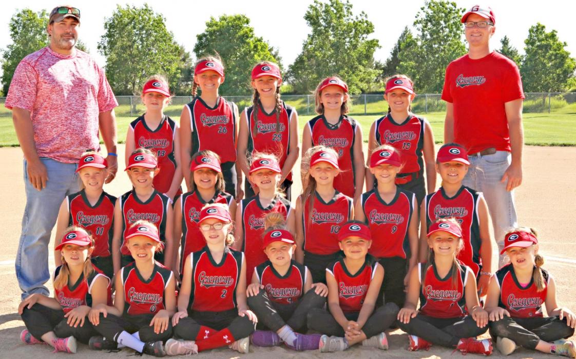 Gregory 8U softball team, back row, l to r: Coach Aaron Vomacka, Hannah Hull, Addyson DuFrane, Avaya Vomacka, Quinnley Steffen, Livvy Knight, and Coach Hank Wonnenberg. Middle row, l to r: Lydia Wonnenberg, Hailie Lutt, Kareen O’Connor, Kylie Schell, Mayme Reber, Avery Stukel, and LaShya Graesser. Front row, l to r: Serenity Schwader, Alaina Stevicks, Whitley Larsen, Rowan Wenger, Breckyn Arizmendis, Meadow Wonnenberg, and Destiney Schwader. (Photo Courtesy of Prairie Portraits by Shelley Heath)