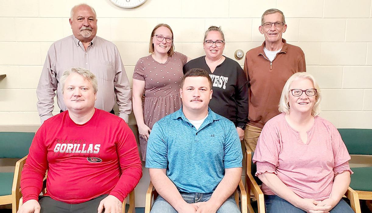 Members of the 2024-25 Gregory City Council are, back row, l to r: Mayor Al Cerny, Council President Ashley Lozano, Council Vice President Kristi Drey, Maurice Schlaht; front row: Corey Graber, Guhner Kepler, and Laura Petersen.