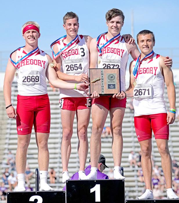 The sprint medley team of Paul Sinclair, Fin Adams, Pierce Stukel, and Luke Stukel were first on the board for Gregory on Friday, winning their event. (Photo by SDPB)