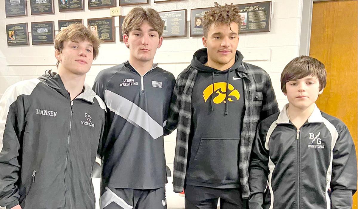 Four B/G wrestlers, l to r: Owen Hansen (1st), Jhett Eklund (4th), Gunnar Stephens (1st) and Judd Hansen (3rd), wrestled their way into the state wrestling tournament to be held in Rapid City.