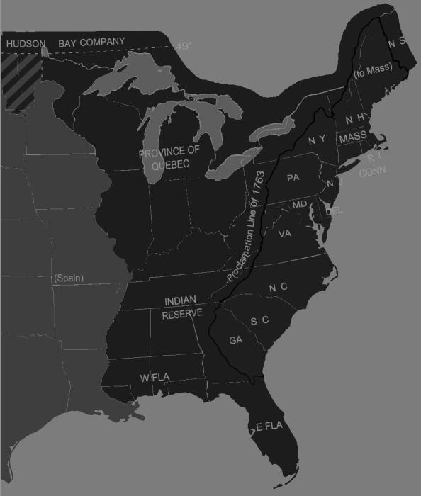 Although Britain now controlled all the land between the Mississippi River and the Atlantic coast, The Proclamation Line of 1763 limited settlement to the area east of the Appalachian Mountains. (Image from americanrevolution.org)