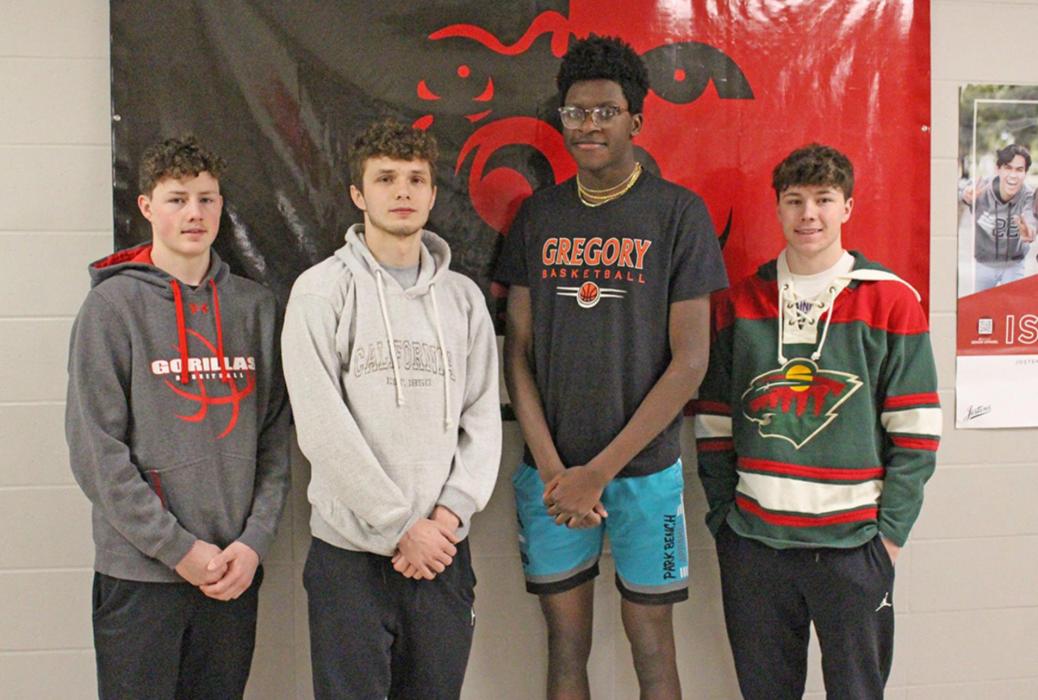 Four members of the Gregory Gorillas boys basketball team received All-Conference recognition for the 2021-22 basketball season. Receiving SCC All-Conference are pictured from l to r: Cruz Klundt, Jordan Songer, Daniel Mitchell and Carson Klundt. Receiving SESD All-Conference are: Daniel Mitchell and Cruz Klundt while Jordan Songer received honorable mention.