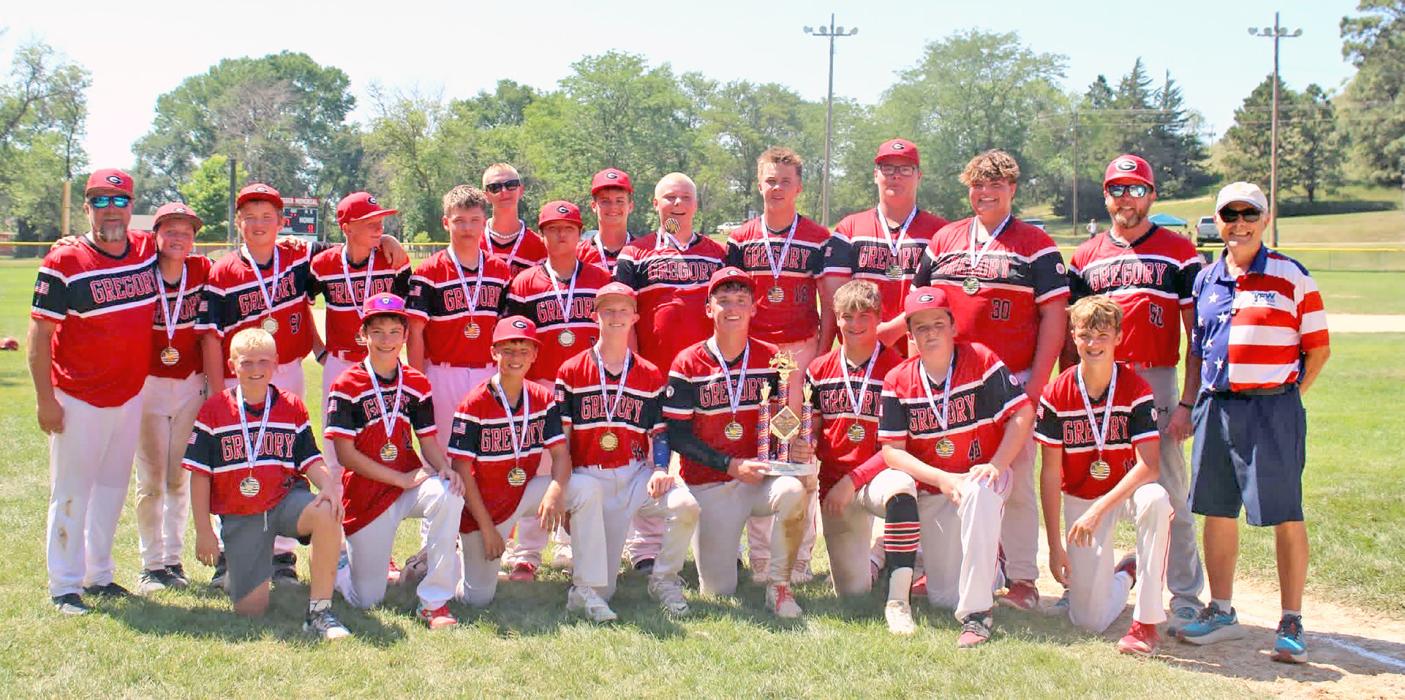 The Gregory County Jr. Teeners are shown above, back row, l to r: Coach Nick Reber, Otto Reber, Malachi Pore, Emmett Shaffer, Trenton Massa, Jakoby Schonebaum, Landyn Joiner, Dylan Bolander, Urijah Gonzalez, Wyatt Beck, Austin Vosika, and Andy Simpson; front row: Myles Shaffer, Miles Herman, Henry Witt, Oakley Fuhrer, Jacob Klein, Ryggan Lambley, Dawson Stukel, Parker Frasch, and a representative from the state VFW.