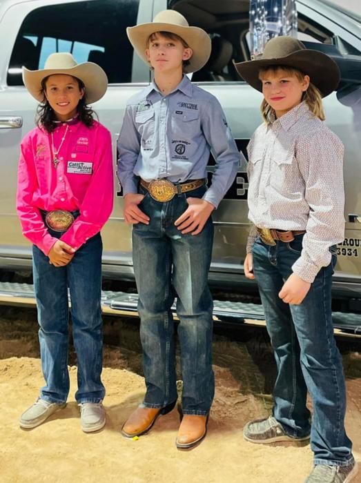 Ryggan Lambley of Burke, Taos Weborg of St. Charles, David Biggins of Gregory, and Aidyn Garwood of Butte, NE, competed in the Junior Roughstock World Finals in Las Vegas.