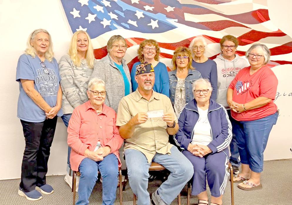 The Gregory American Legion Auxiliary presented a check from funds raised in their recent quilt raffle to Legion Commander Greg Smith to be used for roof repairs at the Legion.