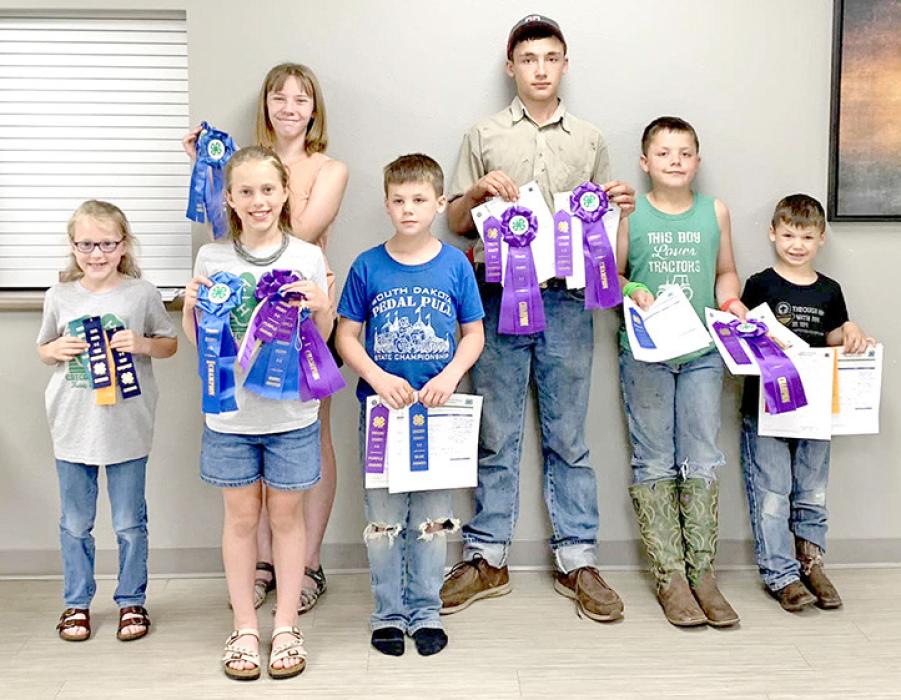 Participants in the pre-fair day are shown here with their ribbons. Shown l to r, they are Zoe Koenig, Mya Koenig, Addie Dostal, Owen Schulte, Jack Schulte, Jhett Schulte, and William Schulte.