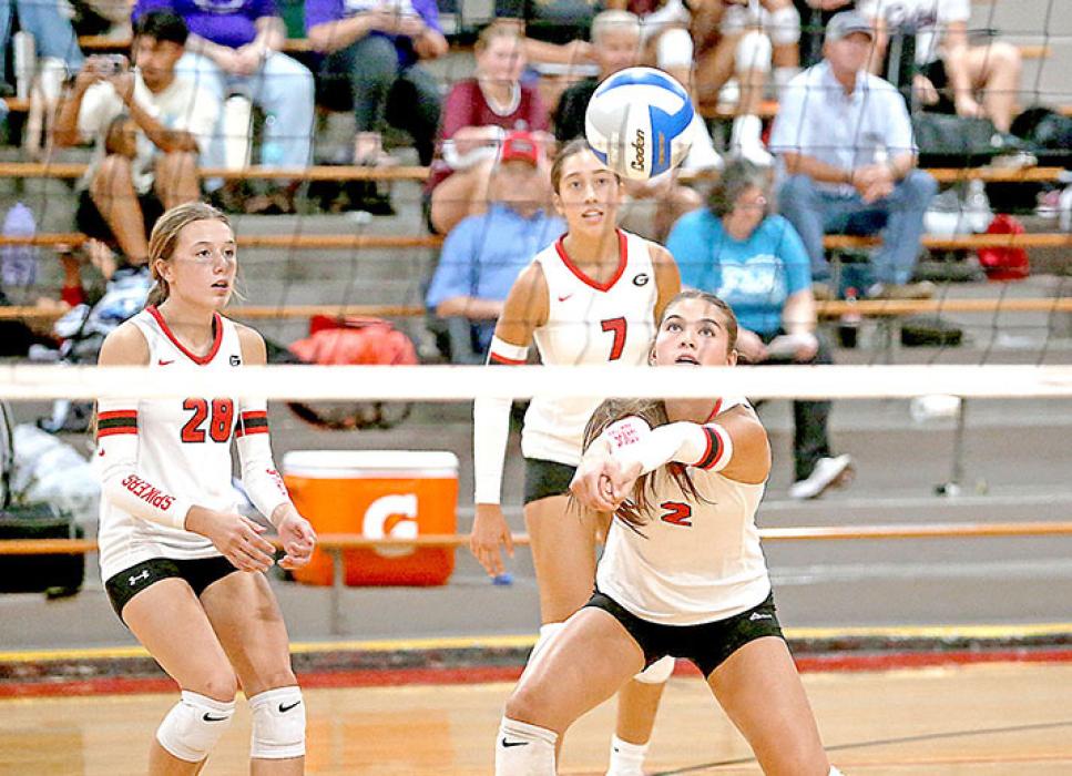 Gregory Gorilla Dani VanDerWerff bumps the ball against Kadoka during the Gregory Invitational Volleyball Tournament Saturday, September 5, in Gregory. Adelyn Veskrna and Brynn Bearhield, left to right, are pictured behind VanDerWerff. (Rodney Haas / 605 Sports)