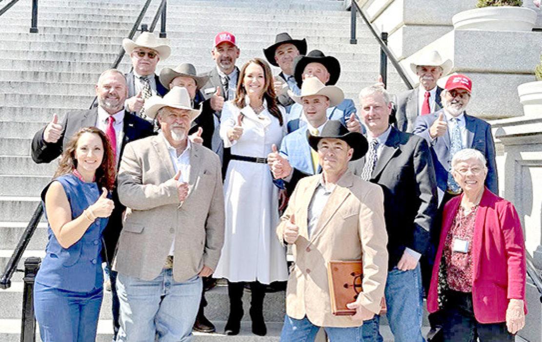Leaders from R-CALF USA are shown here with Secretary of Agriculture Brooke Rollins, center, in Washington, DC. Brett Kenzy of Gregory is in the second row, far left. (Photo from R-CALF USA)
