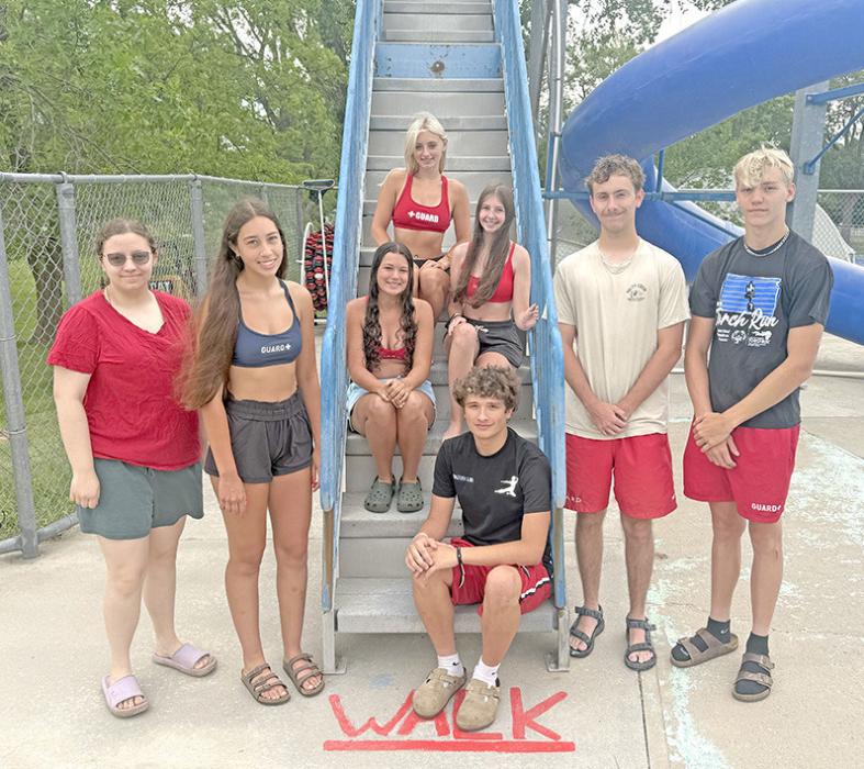 2026 Gregory Pool Lifeguards: L to R: Tristian Wheeler, Brynn Bearshield, Hadley Braun, Destiny Sengelmann, Maya Hull, Tyson Kokesh, Isaac Hull, and Avery Sengelmann. “They are the best group!” Pool manager, Jana Winters exclaimed. “They make things happen!”