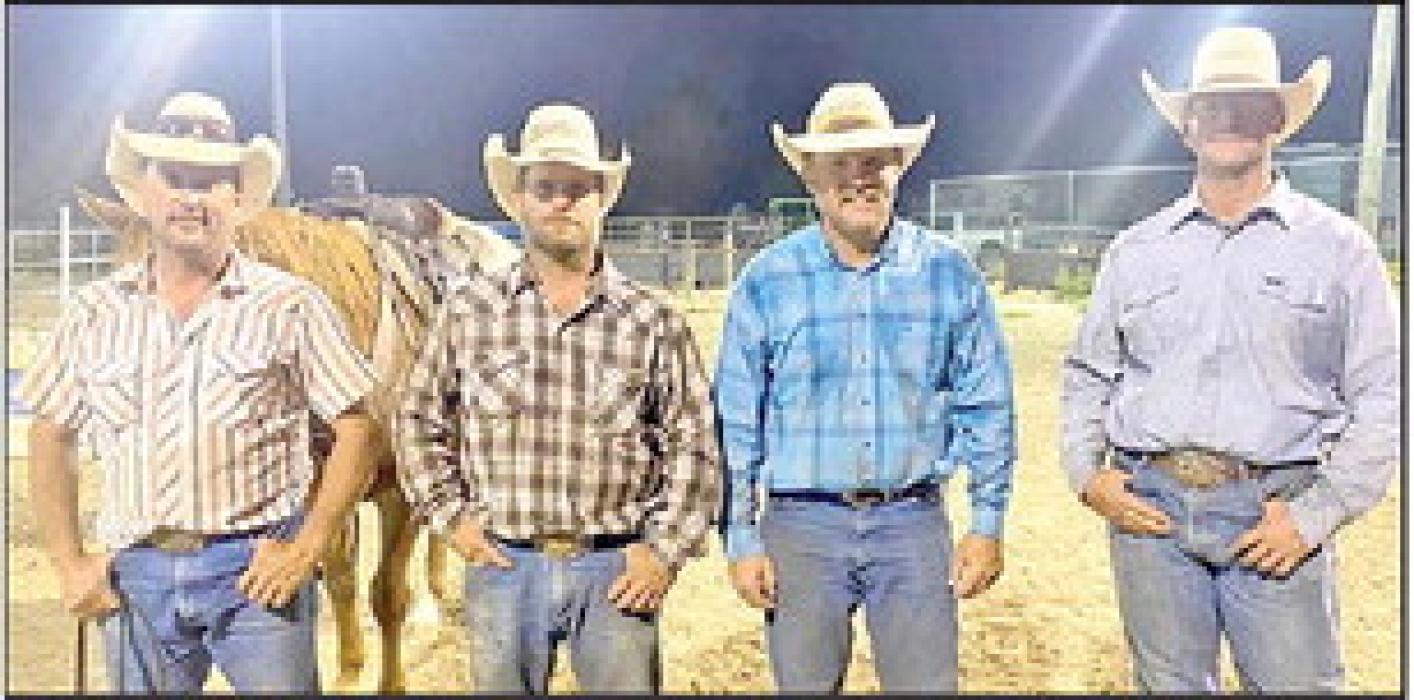 The 2023 Dallas Ranch Rodeo was held on Sunday, September 3, 2023 at the Dallas Horseman’s Club Arena. 1st place team was Feddersen Horseshoeing which included from l to r: Kevin Talsma, Mike Miller, Jake Cole, and Coby Feddersen.