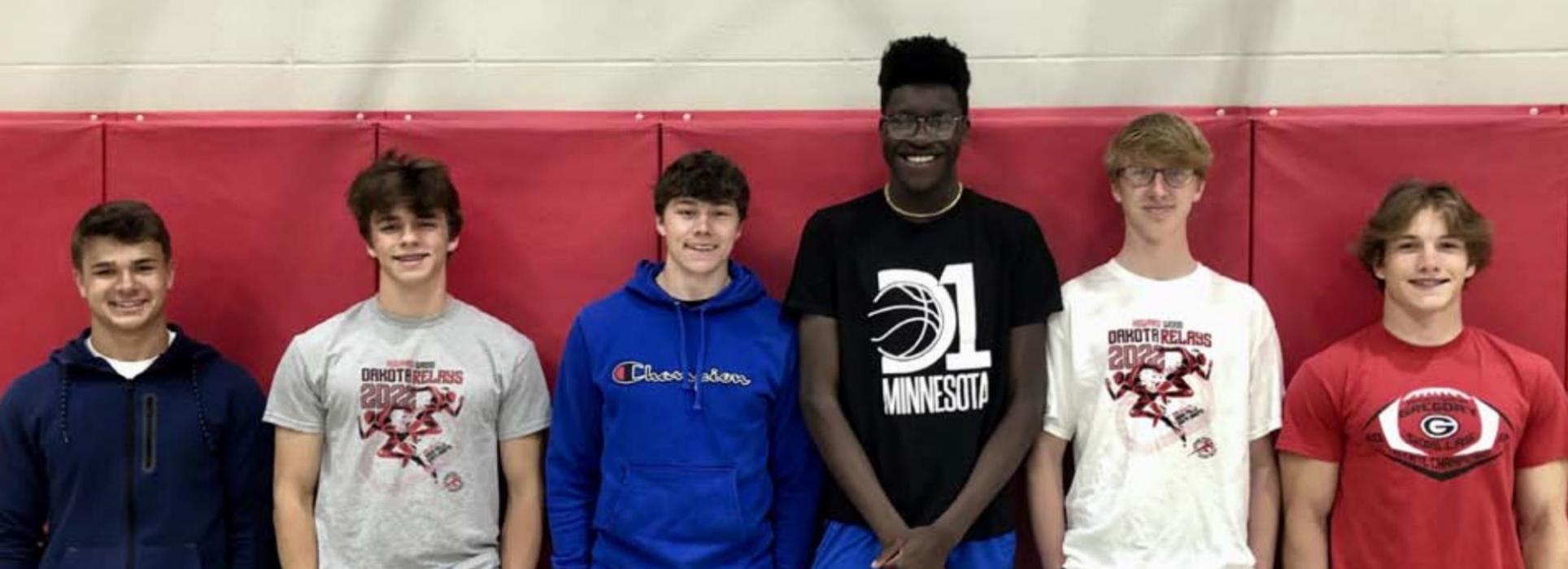 Members of the Gregory High School track team who earned a place finish at the Howard Wood Relays are shown above, l to r: Trey Murray, Eli Fogel, Carson Klundt, Daniel Mitchell, Luke Sinclair, and Kade Stukel.