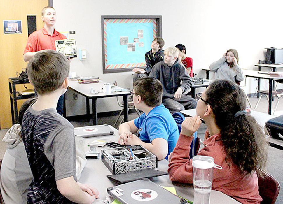 Nicholas visits the Gregory students to present hands-on computer hardware and career exploration
