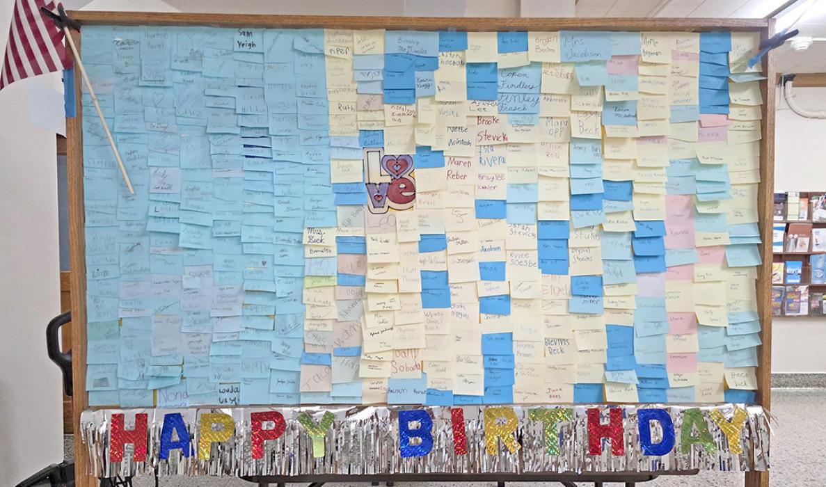 Gregory County Veterans Services Officer Dale Reber has been displaying a birthday card to America in the lobby of the lower level of the courthouse. The “card” was signed by all the k-12 students in the county.