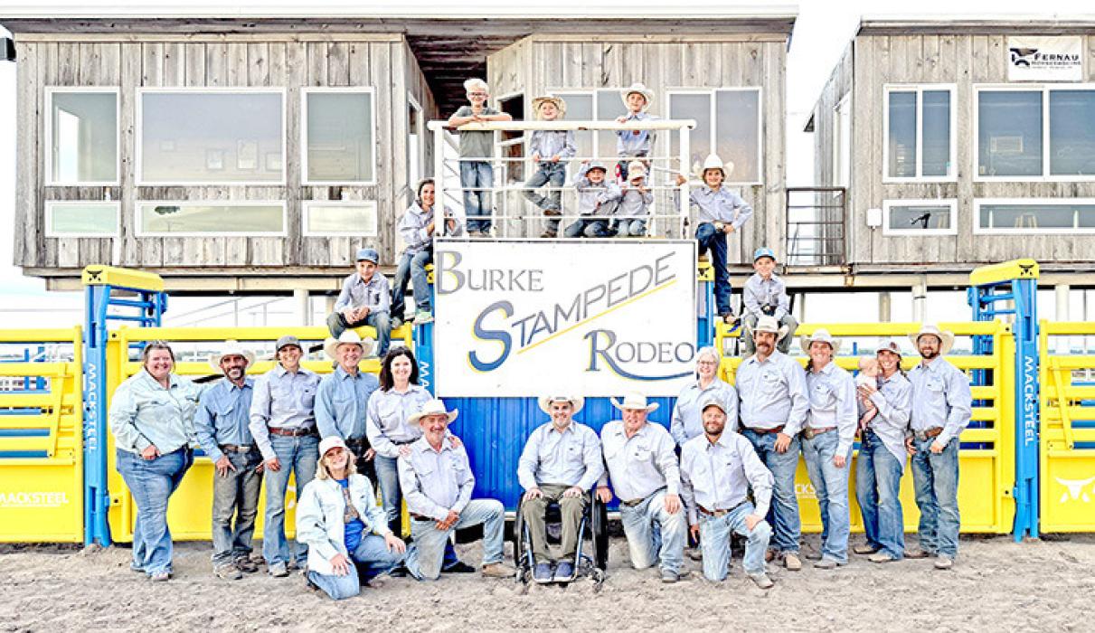 Burke Stampede Rodeo Committee in front of brand new bucking chutes to be dedicated at this the 35th year of the Burke Stampede Rodeo July 18, 19, and 20. Performances at 7:30 p.m. each evening, Stampede Arena, Burke, SD.