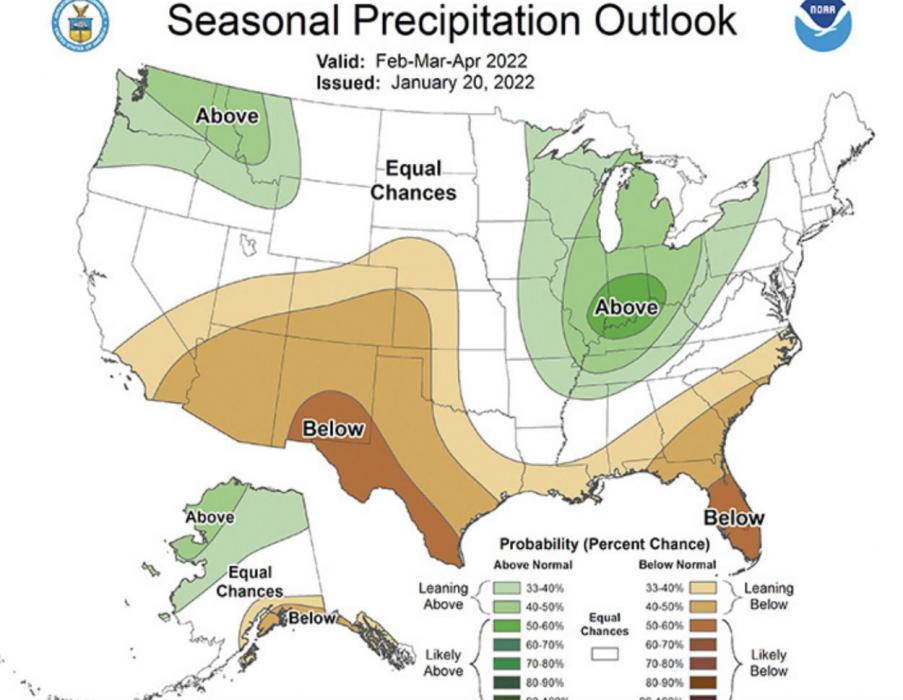 These two charts from the National Weather Service show that the Gregory area has an equal chance of having above or below normal temperatures and above or below normal precipitation for the next three months.