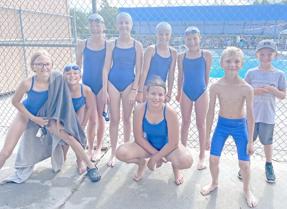 Gregory swim team members are back row, l to r: Mya Warnke, Hannah Hull, Averie Stukel, Sutton Braun and Jaxon Stukel; front row, l to r: Mayme Reber, Brenlee Braun, Hadley Braun, and Otto Reber.