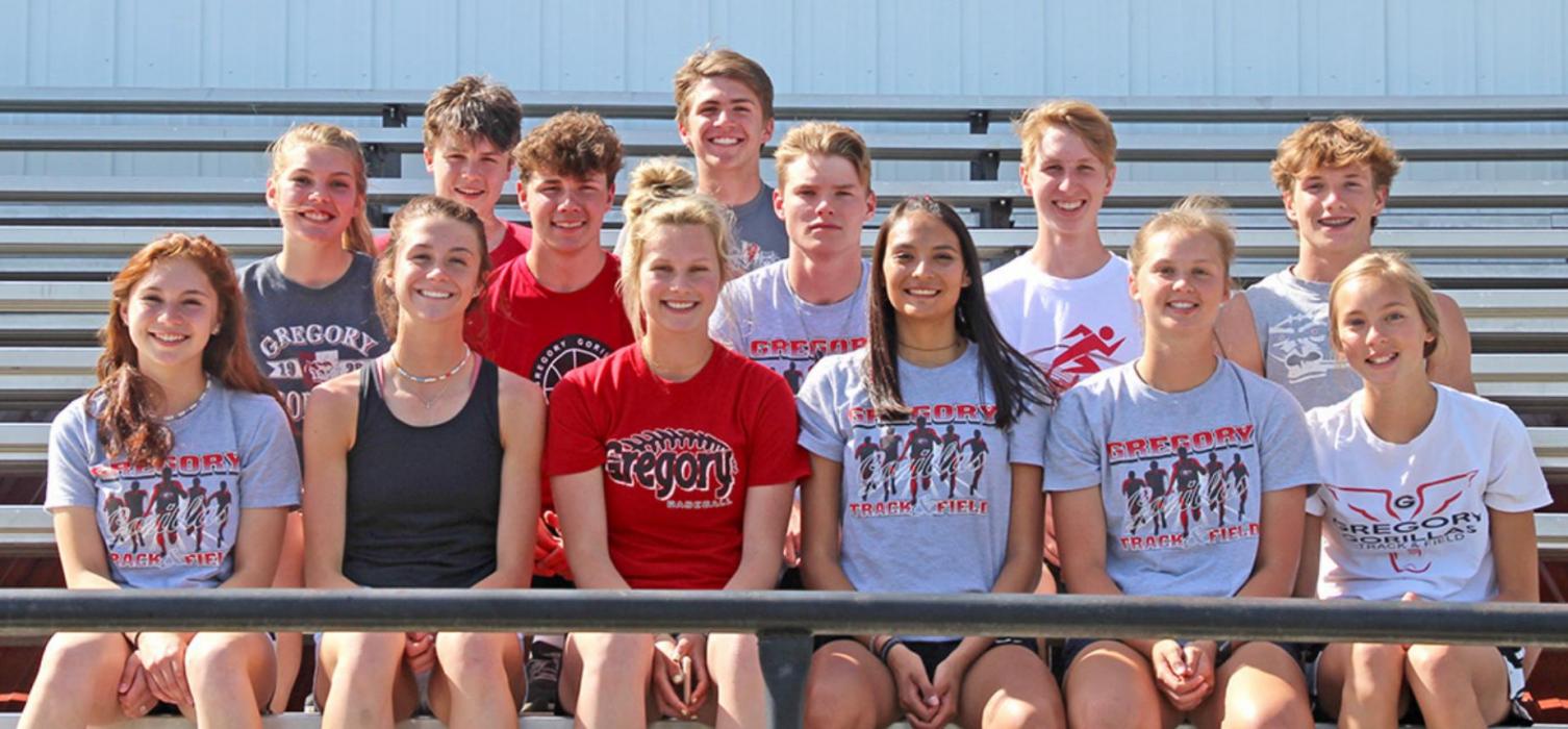 Thirteen Gregory tracksters head to state this weekend. They are back row, l to r: Pierce Stukel, and Gannon Thomas. Middle row, l to r: Kodi Timanus, Carson Klundt, Reece Odenbach, Luke Sinclair and Kade Stukel. Front row l to r: Ashton Eklund, Emma Thomas, Brooklynn Kenzy, Sierra Rencountre, Jessy Jo VanDerWerff and Asia VanDerWerff.