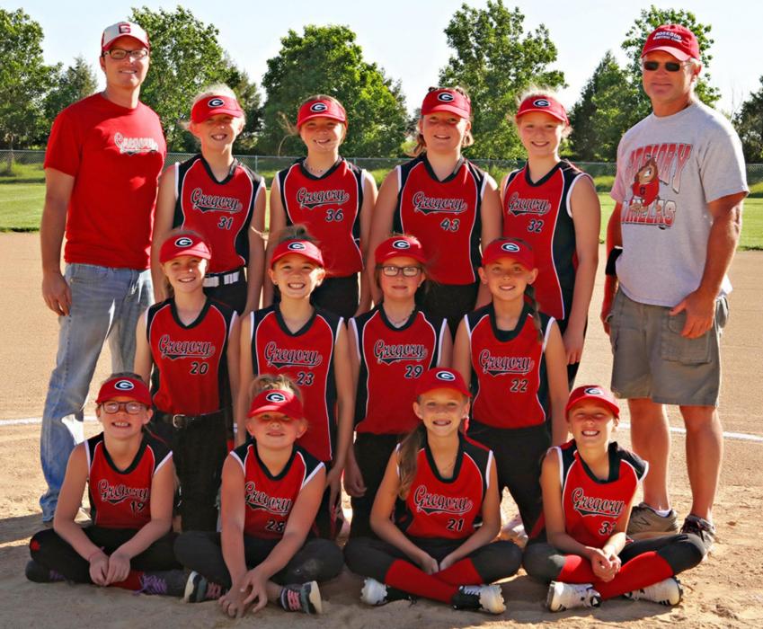 Gregory 10U softball team, back row, l to r: Coach Hank Wonnenberg, Gracelyn Lanz, Sophee Skalla, Ava Schweigert, Jayd Serr, and Coach Vic Warnke. Middle row, l to r: Elizabeth Wonnenberg, Avery Birkel, Michaela Hull, and Kiana Haines. Front row, l to r: Mya Warnke, Harper Wenger, Aubree Stevicks, and Isabella Reinartz. (Photo Courtesy of Prairie Portraits by Shelley Heath)