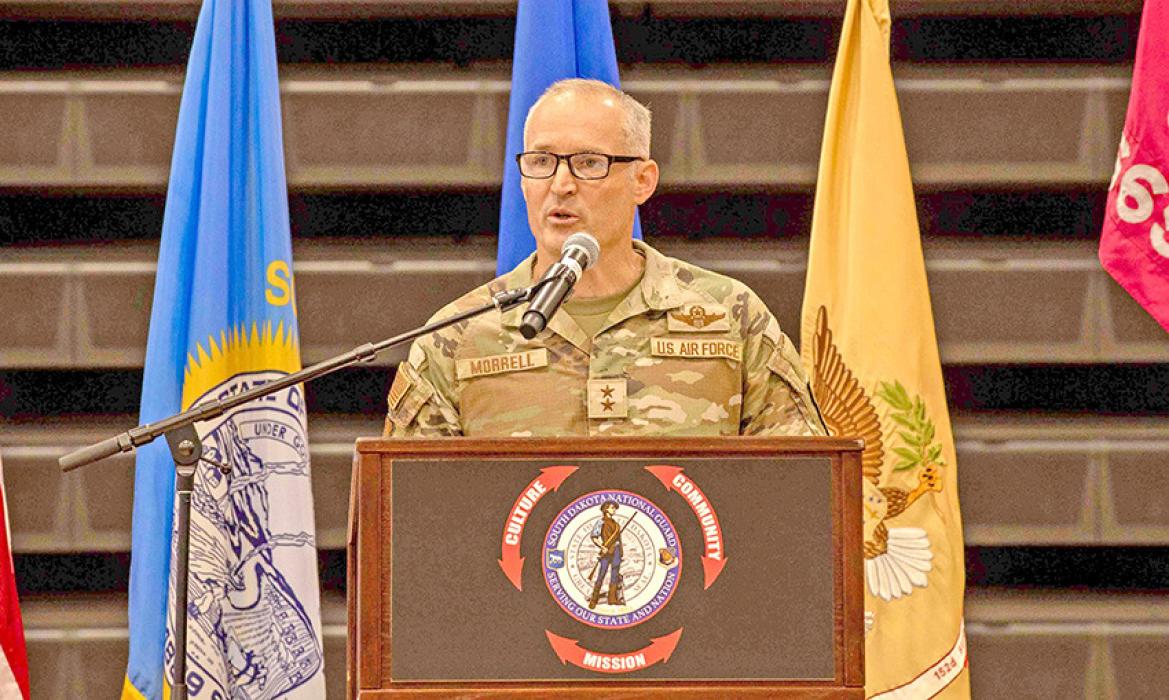 Maj. Gen. Mark Morrell addresses the assembly at the welcome home ceremony for the South Dakota Army National Guard’s 665th Support Maintenance Company.