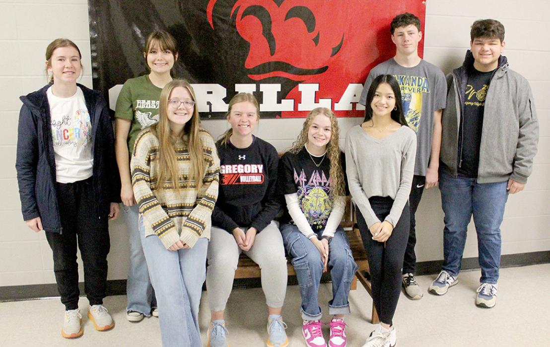 Members of the Gregory High School oral interpretation team headed to the state festival on Friday and Saturday, December 1 and 2, are, l to r: Danielle Timanus, Piper Bartlett, Madisan Graber, Mya Determan, Kaydence Klein, Cindy Khuu, Cruz Klundt, and Eli Barreto.