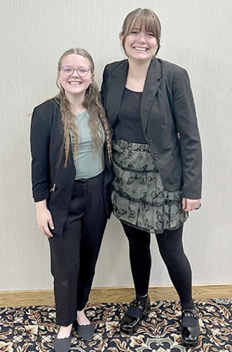 Madisan Graber, l, and Piper Bartlett, r, placed first at the region competition with their duet, “13 Ways to Screw Up Your College Interview.”