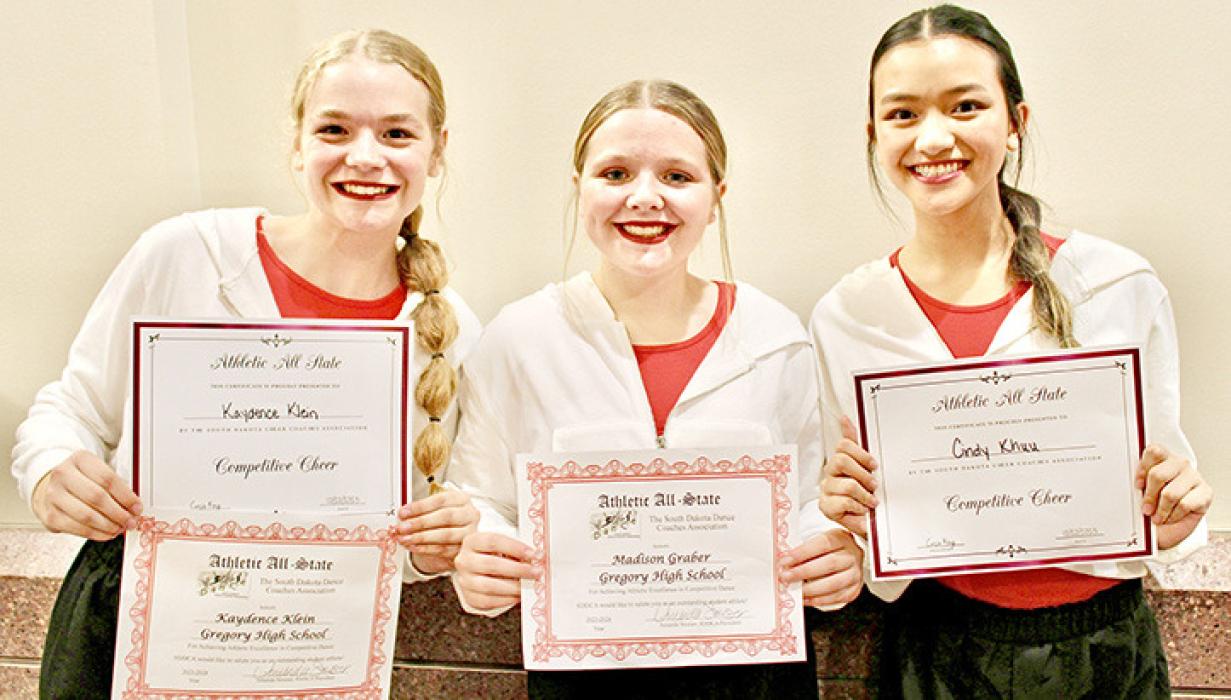 Kaydence Klein and Madi Graber, left and center, were named all-state athletes for cheer, and Klein and Cindy Khuu, right, were named all-state athletes for dance.