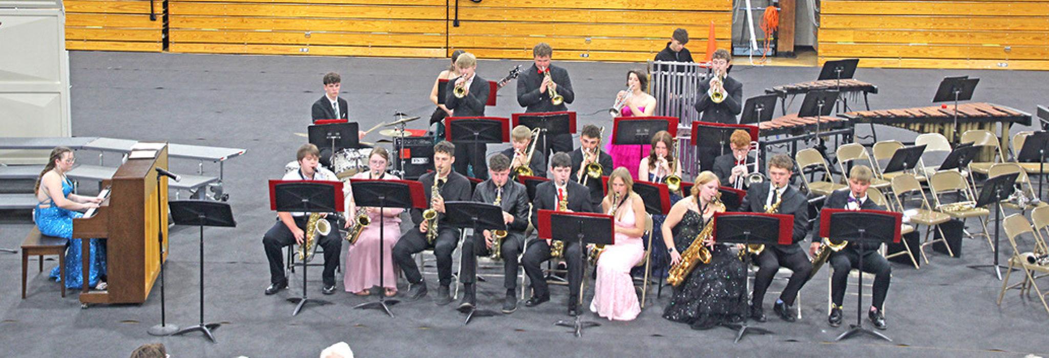 The jazz band got the crowd moving with In the Mood by Joe Garland arr. Sweeney (with Cole Serr, Max Bearshield, Jad Leber, and Rane Kenzy as soloists) and Livin’ on a Prayer by Bon Jovi arr. Murtha. (Photo by Ashley Lozano)