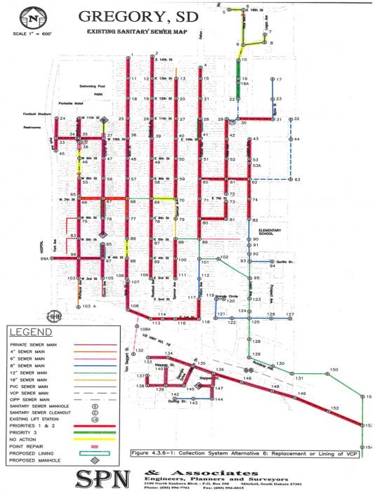 The bold lines on this map show all the sewer lines that need to be replaced in the City of Gregory. The lines from 7th Street south will be addressed in Phase 1, and the north side of town will be replaced in Phase 2. Any cast iron or asbestos cement water lines where a sewer line is being replaced will also be upgraded at the same time.
