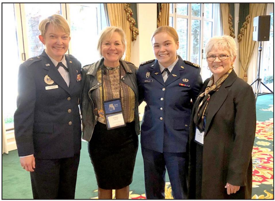 A special bonus at the awards ceremony was when keynote speaker Bridadier General Linell Letendre, above left, called Johnson Pochop, second from left, Johnson Pochop’s neice Frannie Verville, second from right, and Pochop Johnson’s mentor Justice Judith Meierhenry, right, up to the front to talk about the value of mentorship, after which they got this photo. (Submitted photo)