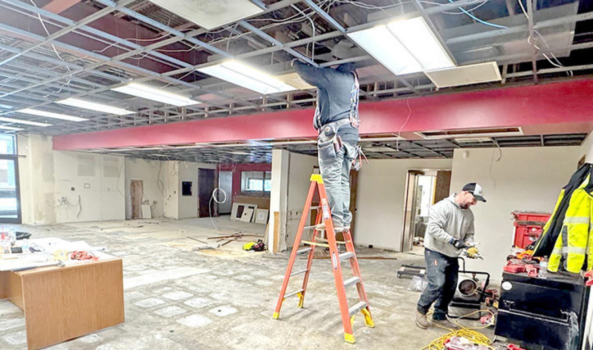 Demolition was underway on Feb. 3, 2026, inside a former bank building being converted into a day care in Redfield, S.D. (Photo: Bart Pfankuch/South Dakota News Watch)