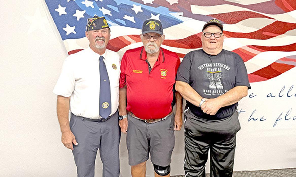 Denny Pense, center, and Curt Vakiner, l, are shown here with American Legion Hutchison Post Commander Greg Smith. They are the two living Purple Heart recipients in Gregory who were recognized at the ceremony, held on National Purple Heart Day, August 7, 2025, at the Gregory American Legion. The Purple Heart is awarded to those injured or killed in combat. Gregory was proclaimed a Purple Heart City earlier this year.