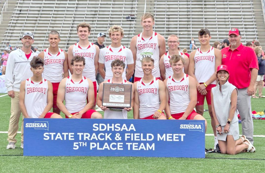 The 2026 Gregory High School boys track team achieved a fifth place team finish at the state track meet last weekend. Back row, l to r: Head Coach Kurt Stukel, David Biggins, Ryler Stevicks, Eli Ekroth, Colt Keiser, Dylan Johnson, Aiden Frasch, and Asst. Coach Duane Lunne. Front row, l to r: Luke Barreto, Jeston VanderPol, Pierce Stukel, Lincoln Juracek, Landon Keiser, and Asst. Coach Katie Biggins.
