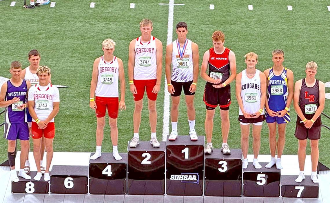 Below, Colt Keiser (2nd place), Avery Sengelman (4th place), and Eli Ekroth (8th place) dominated the field in the high jump. (Photo by Katie Biggins)