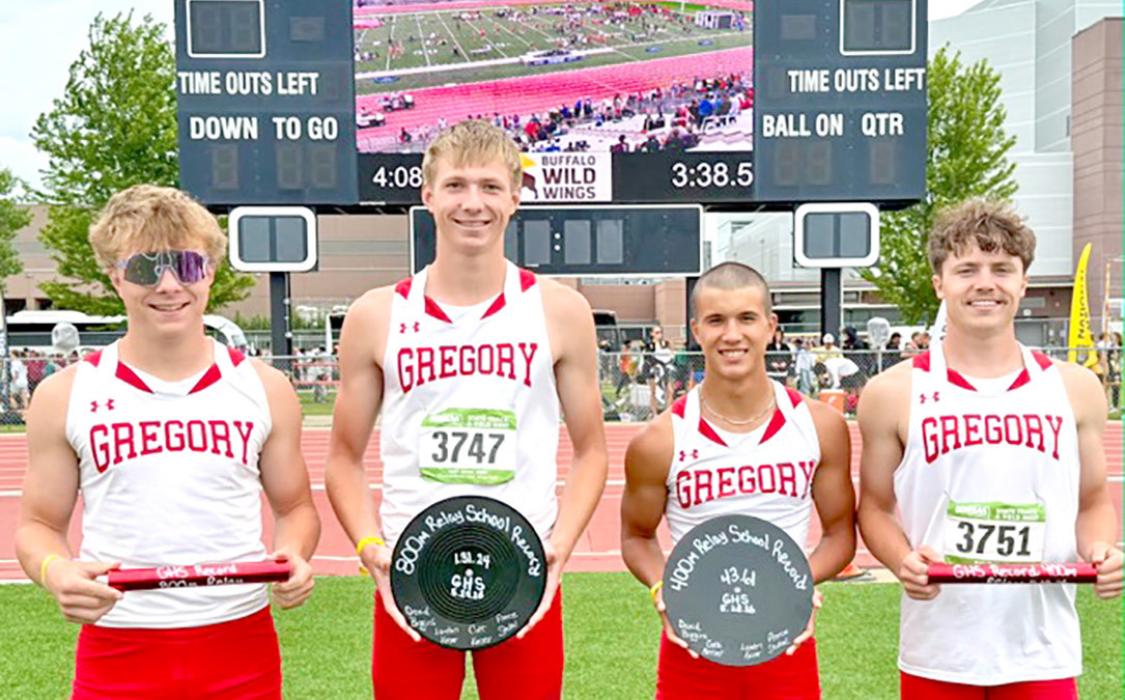 School records were broken in the 4x100 and 4x200 at state during premlims, by Landon Keiser, Colt Keiser, David Biggins, and Pierce Stukel. (Photo by Sky Stukel)