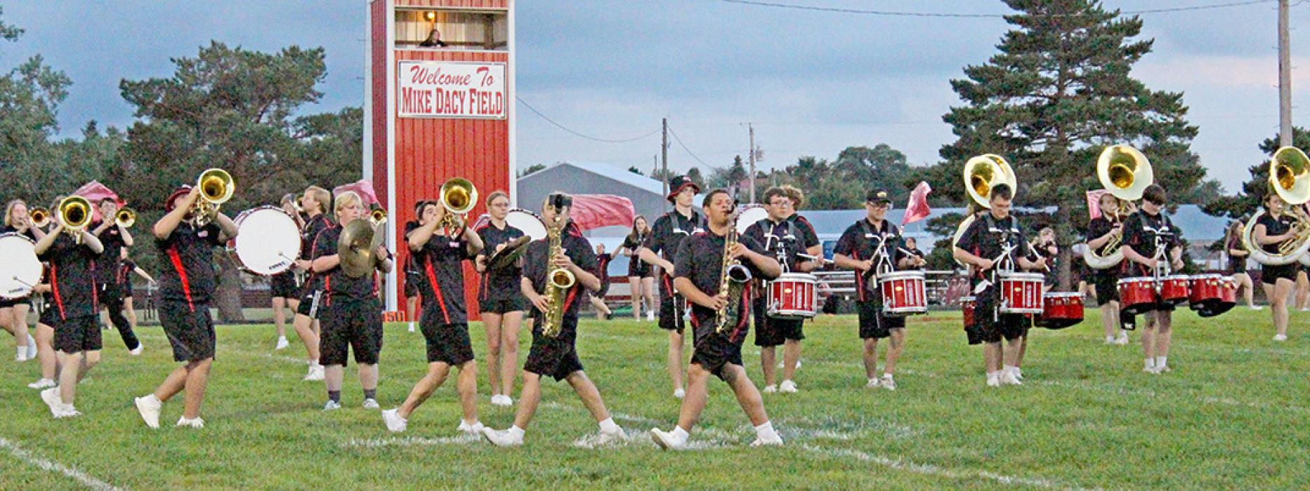 The Sound demonstrated their marching prowess at Mike Dacy Field, during half-time at the Tripp-Delmont/Armour/Andes Central/Dakota Christian game Friday night. (Photo by Charissa Ring)