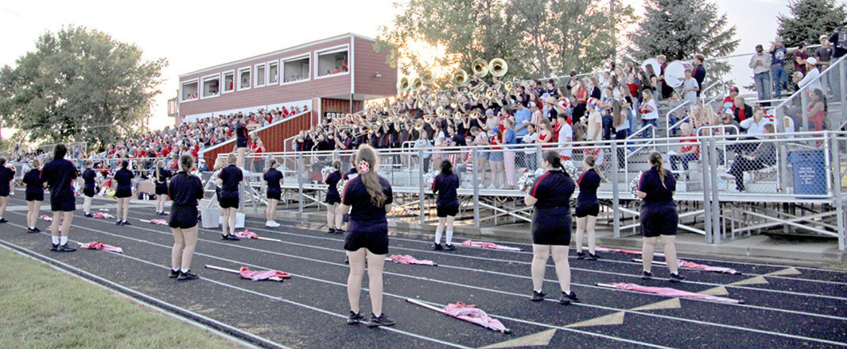 The Sound joined the Gregory High School Band in the stands during the first half of the game. (Photo by Gregory Times-Advocate)