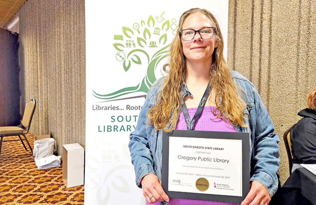 This photo of Tara Engel was taken in October of 2024 for the accreditation certificate she received from the South Dakota State Library Association.