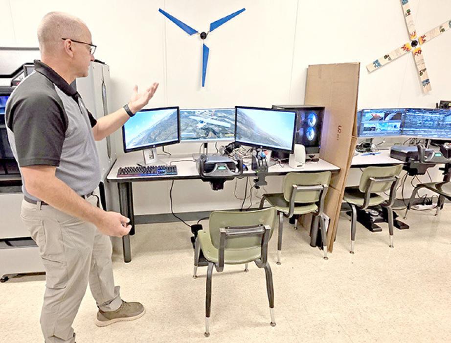 Mr. Murray discusses the new aviation class he teaches in one of the Career and Technical Education trailers.