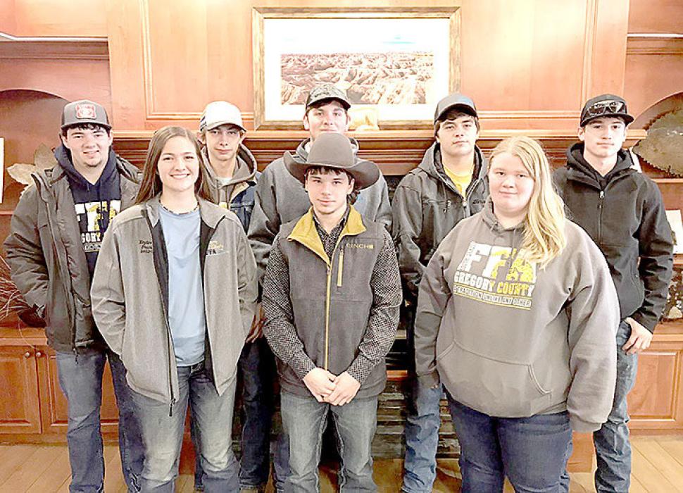 FFA members who attended the Black Hills Stock Show are shown, back row, l to r: Jamison VanderPol, Cody Williams, Jaden Swan, Dawson York, and Carson Peck. Front row, l to r: Taylor Even, Ash Simison, and Dori Bruns.