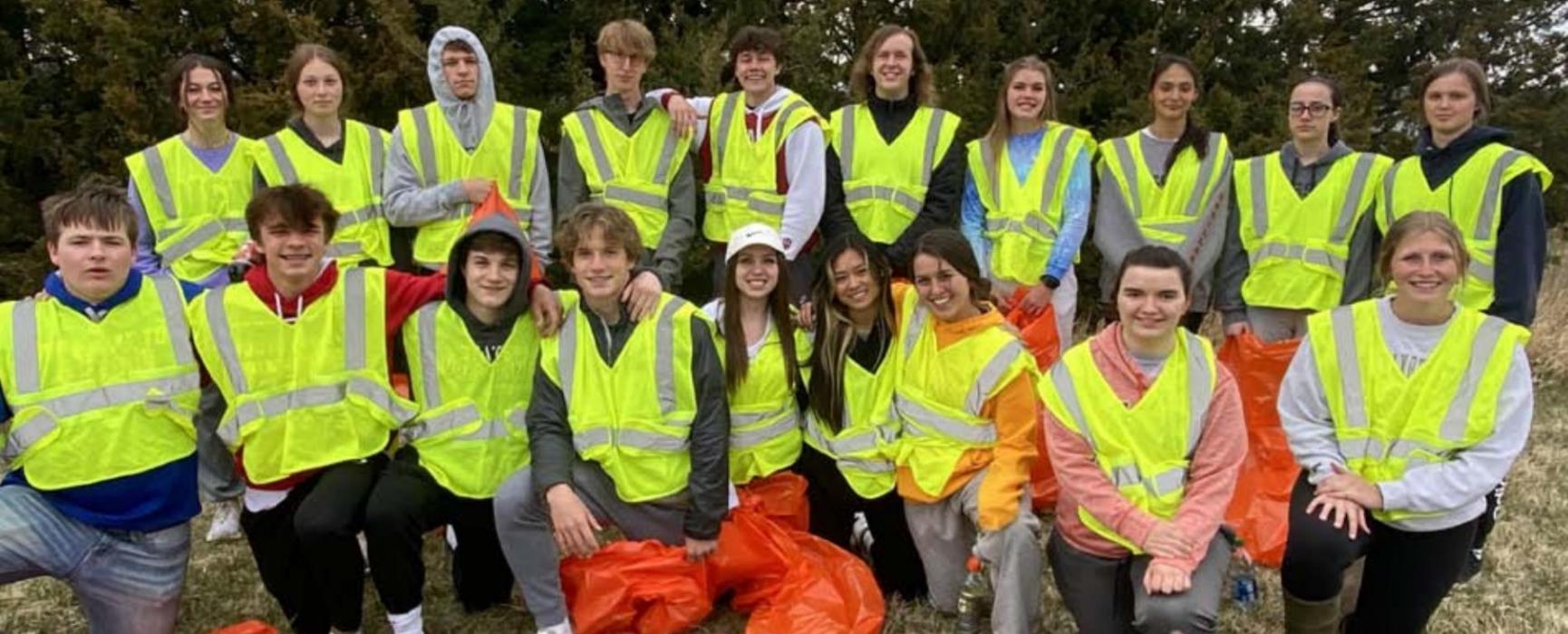 Members of the Gregory NHS cleaned ditches along Highway 18 last Thursday. Those participants were, back row l to r: Emma Thomas, Cassidy Keiser, Coy Determan, Luke Sinclair, Carson Klundt, Christian Spann, Dakota Timanus, Sierra Rencountre, Samantha Reinartz, and Jessy VanDerWerff. Front row, l to r: Jaden Graber, Eli Fogel, Owen Hansen, Kade Stukel, Katherine Stevicks, Vy Nguyen, Sapphire Kenzy, Ravyn Oliver, and Gracie Kenzy. (Submitted photo)