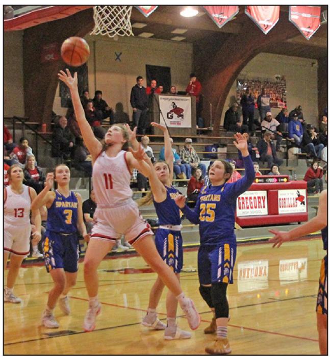 Cassidy Keiser, #11, led the Lady Gorillas with 15 points in the opening round of post-season play against Wessington Springs. Gregory downed the visitors 36-28, but lost to a highly-rated Corsica-Stickney team in the next round at the Corn Palace in Mitchell.