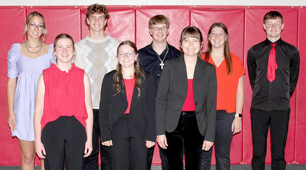 The local oral interpretation students advancing to districts are, back row, l to r: Aubree Miller, George Timanus, Bo Brozik, Ella Sperl, and Cruz Klundt. Front row, l to r: Danielle Timanus, Madisan Graber, and Piper Bartlett.
